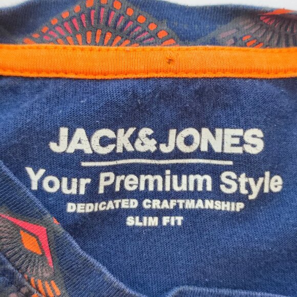 Jack & Jones T-shirt men's size L navy blue with orange graphic pattern slim fit - Picture 4 of 9